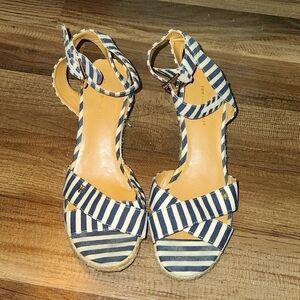 TOMMY Hilfiger Wedge Sandals Size 9 Blue/White Striped Wrap Around Ankle Strap